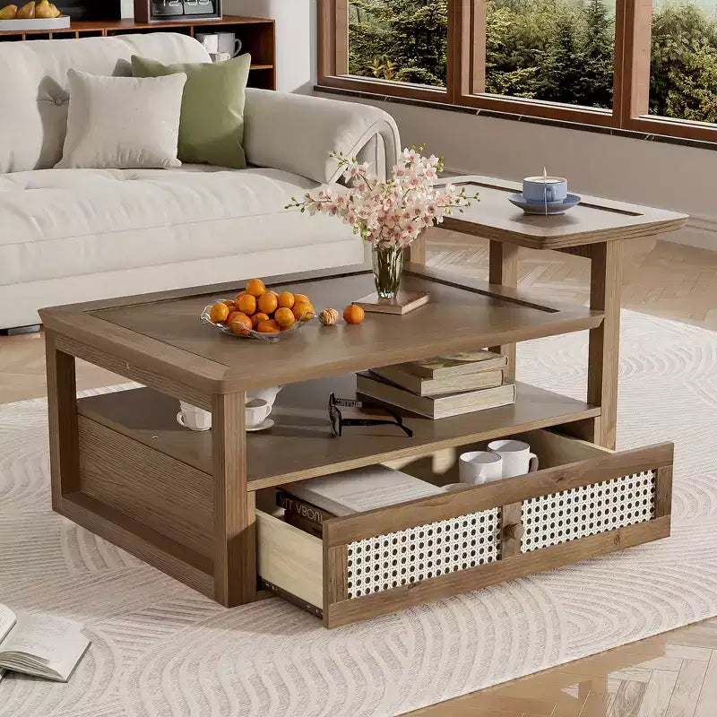 Table basse moderne Zeus & Ruta avec étagère de rangement, plateaux à double couche et tiroir en rotin pour salon
