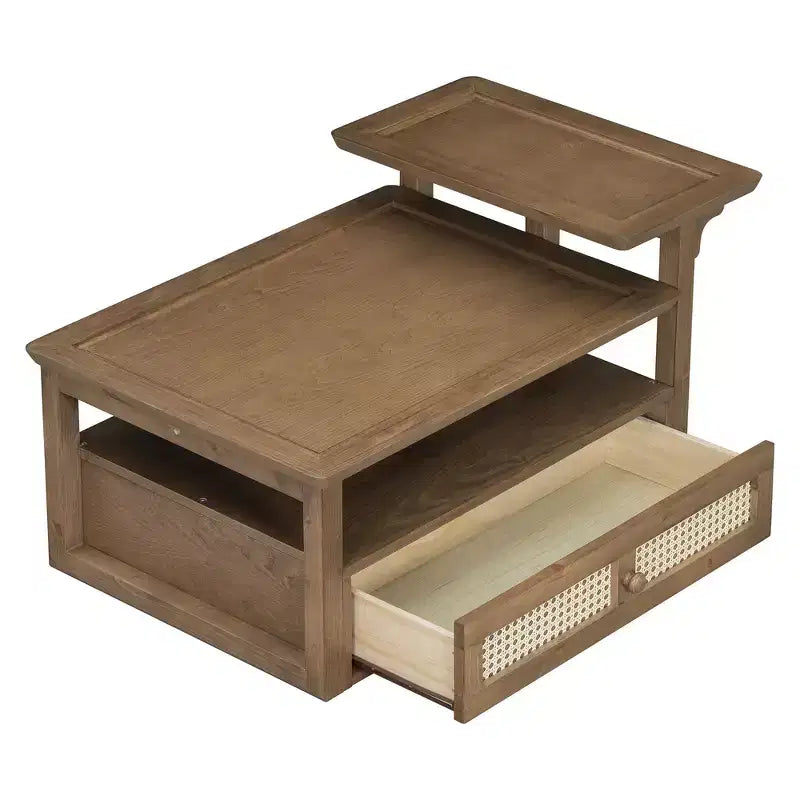 Table basse moderne Zeus & Ruta avec étagère de rangement, plateaux à double couche et tiroir en rotin pour salon