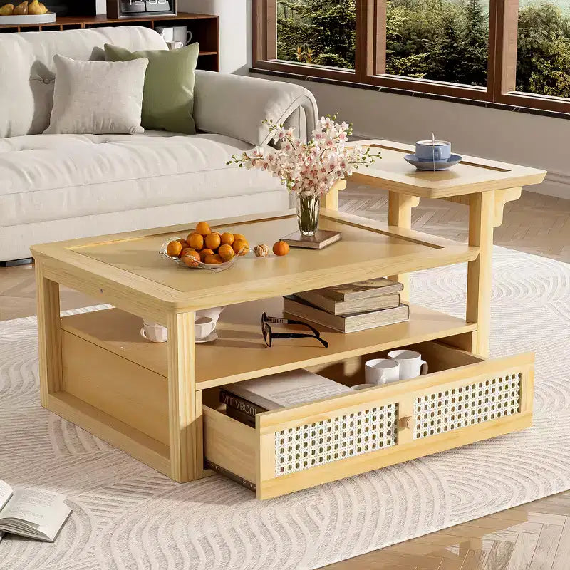 Table basse moderne Zeus & Ruta avec étagère de rangement, plateaux à double couche et tiroir en rotin pour salon