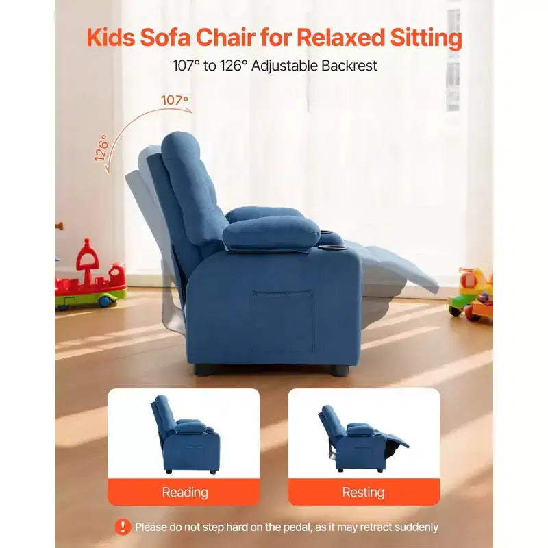 Fauteuil inclinable pour enfants VEVOR, avec porte-gobelets et poches, dossier réglable de 107 à 126, tissu en polyester respirant, bleu