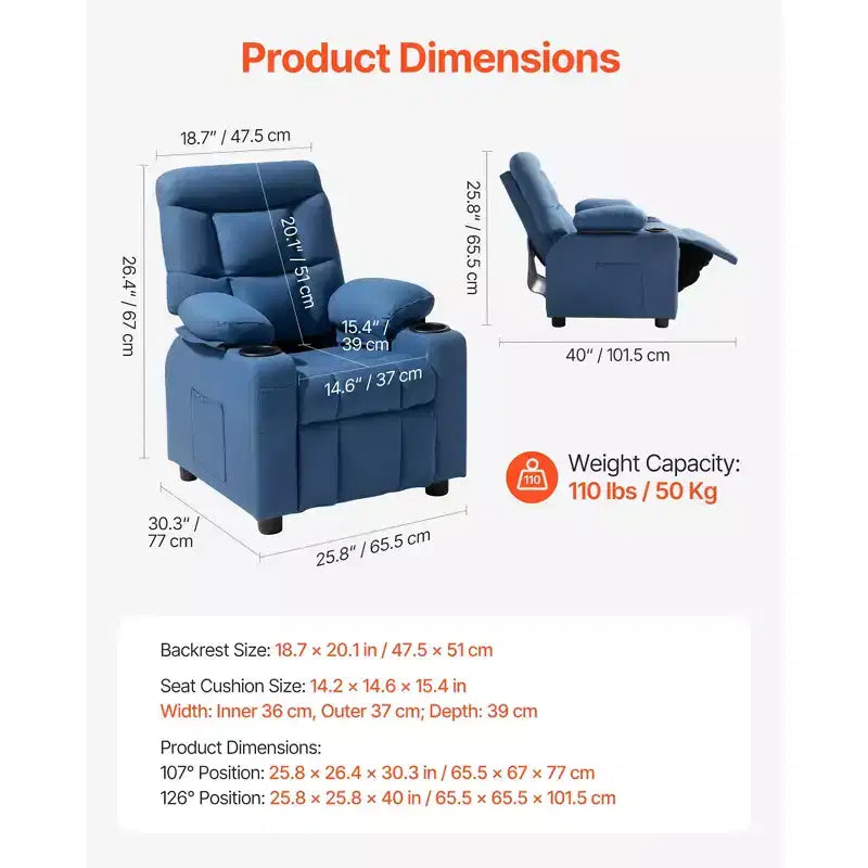 Fauteuil inclinable pour enfants VEVOR, avec porte-gobelets et poches, dossier réglable de 107 à 126, tissu en polyester respirant, bleu
