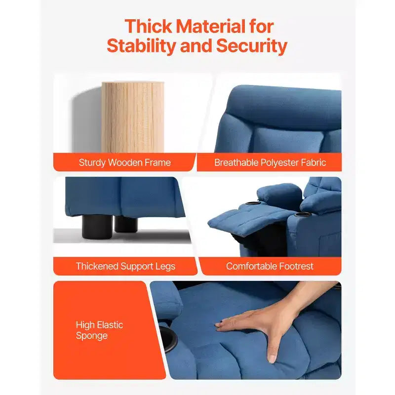 Fauteuil inclinable pour enfants VEVOR, avec porte-gobelets et poches, dossier réglable de 107 à 126, tissu en polyester respirant, bleu