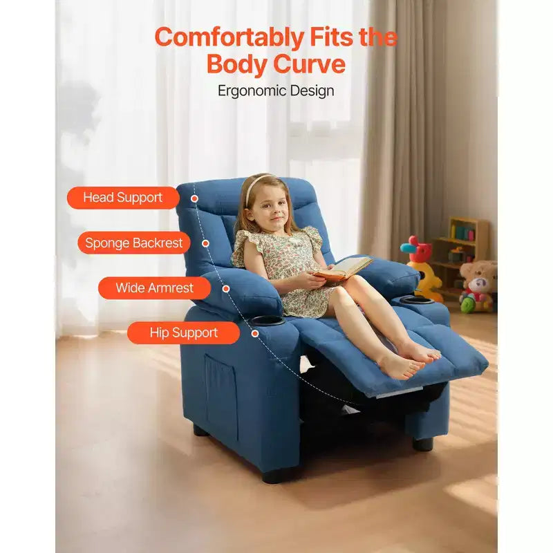Fauteuil inclinable pour enfants VEVOR, avec porte-gobelets et poches, dossier réglable de 107 à 126, tissu en polyester respirant, bleu