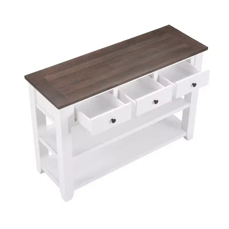 44Console avec deux étagères ouvertes, cadre et pieds en pin massif pour salon, marron et blanc