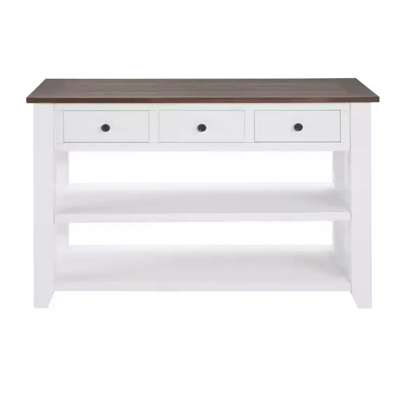 44Console avec deux étagères ouvertes, cadre et pieds en pin massif pour salon, marron et blanc
