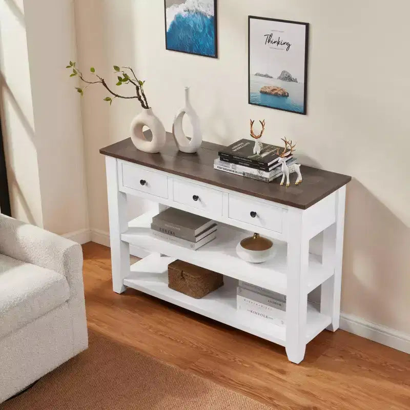 44Console avec deux étagères ouvertes, cadre et pieds en pin massif pour salon, marron et blanc