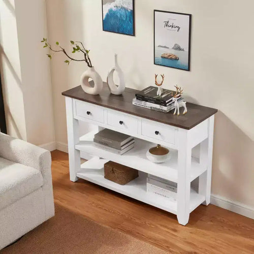 44Console avec deux étagères ouvertes, cadre et pieds en pin massif pour salon, marron et blanc