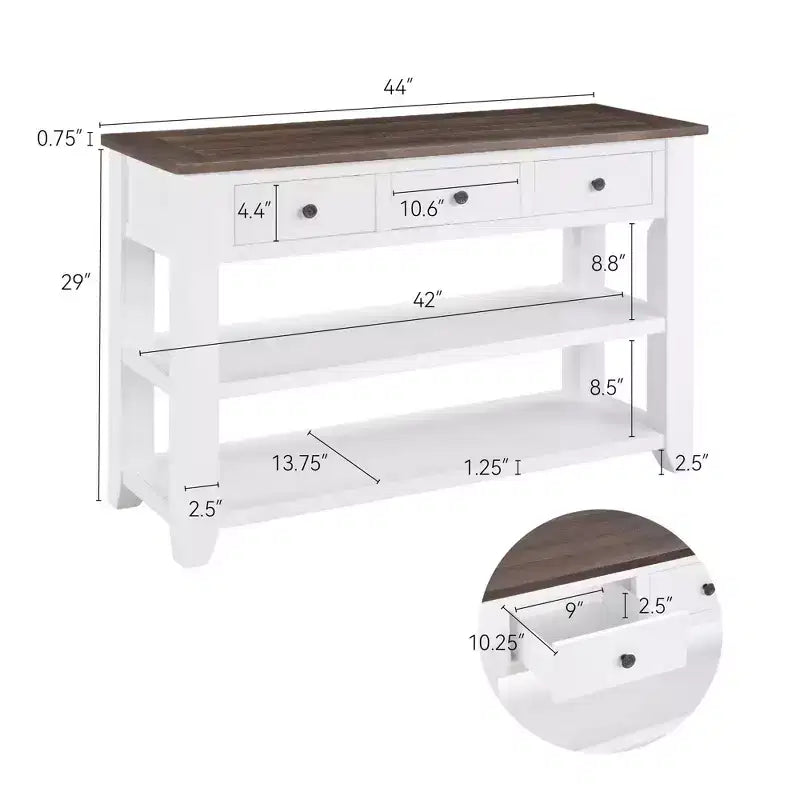 44Console avec deux étagères ouvertes, cadre et pieds en pin massif pour salon, marron et blanc