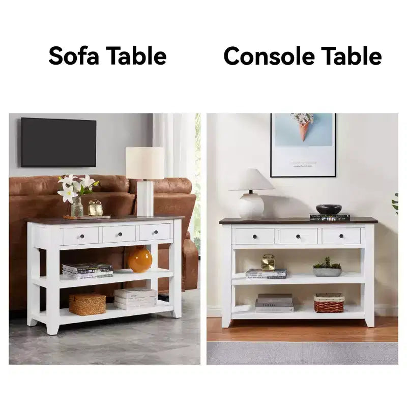 44Console avec deux étagères ouvertes, cadre et pieds en pin massif pour salon, marron et blanc