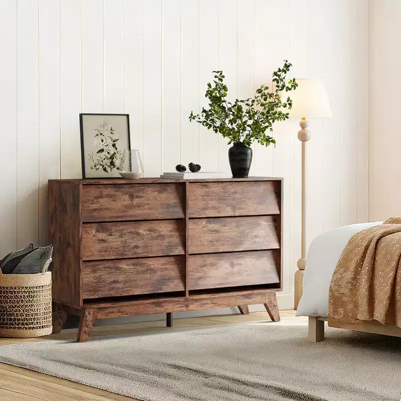 Commode à 6 tiroirs pour chambre à coucher, commode de 120 cm de large de style Mid-Century, commode en bois pour TV, commodes vintage avec design biseauté pour salon