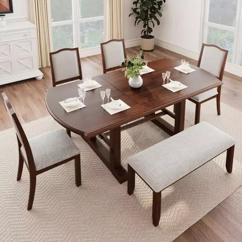 Ensemble de salle à manger extensible de style ferme pour 6 personnes, ensemble de table de cuisine extensible en bois de 7 pièces avec 6 chaises rembourrées