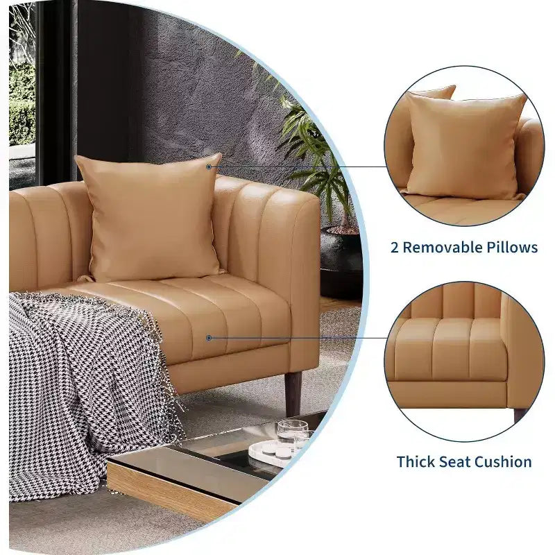 Canapé Acekool Modern 78 en Faux Cuir, 3 Places avec Assise Profonde, 2 Coussins Décoratifs, Pieds en Bois, Montage Facile, Marron