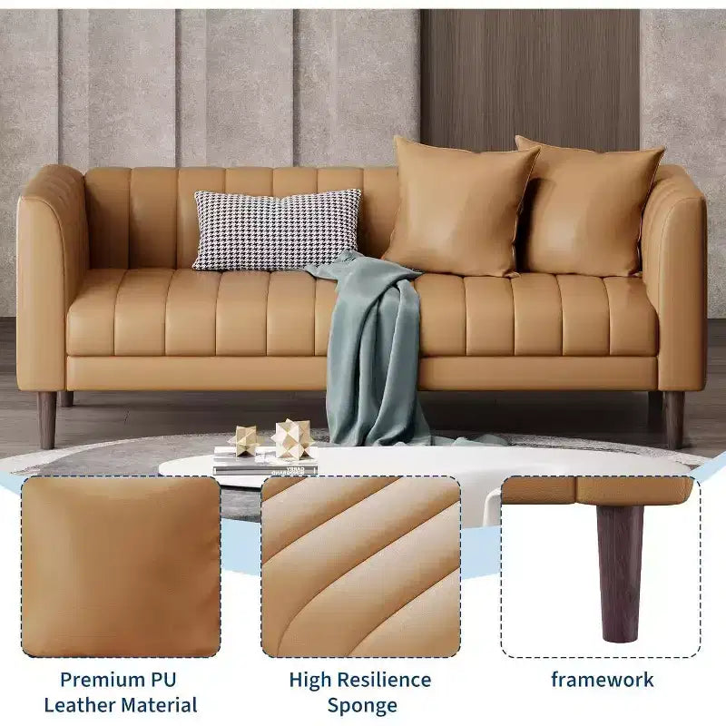 Canapé Acekool Modern 78 en Faux Cuir, 3 Places avec Assise Profonde, 2 Coussins Décoratifs, Pieds en Bois, Montage Facile, Marron