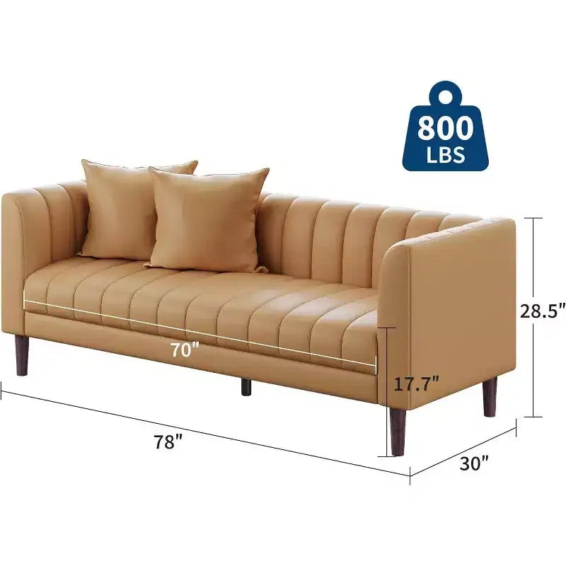 Canapé Acekool Modern 78 en Faux Cuir, 3 Places avec Assise Profonde, 2 Coussins Décoratifs, Pieds en Bois, Montage Facile, Marron