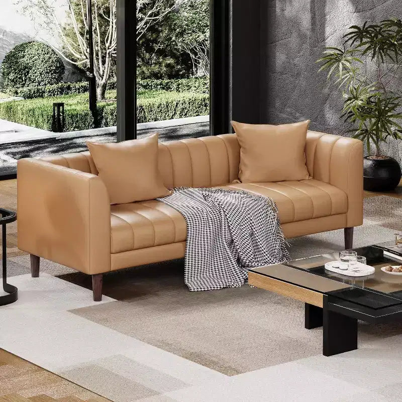 Canapé Acekool Modern 78 en Faux Cuir, 3 Places avec Assise Profonde, 2 Coussins Décoratifs, Pieds en Bois, Montage Facile, Marron