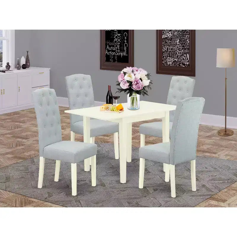 HomeStock Belmont Dining Set 5 Pc - 4 Chairs For Dining Room and a wood dining table - Linen White Finish Solid wood - Baby Blue Color Linen Fabric