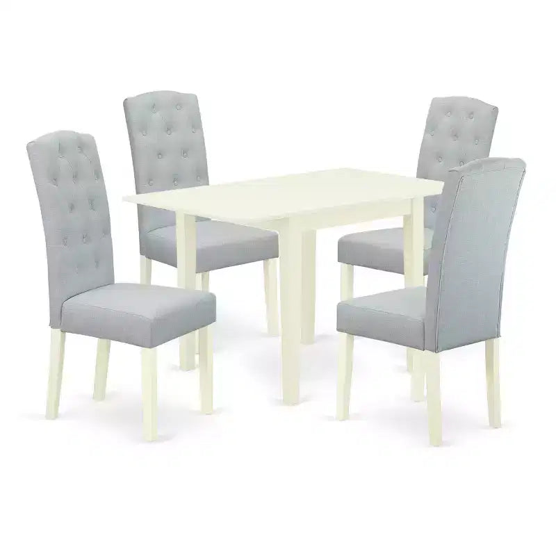 HomeStock Belmont Ensemble de salle à manger 5 pièces - 4 chaises de salle à manger et une table à manger en bois - Finition blanc lin Bois massif - Tissu lin couleur bleu layette