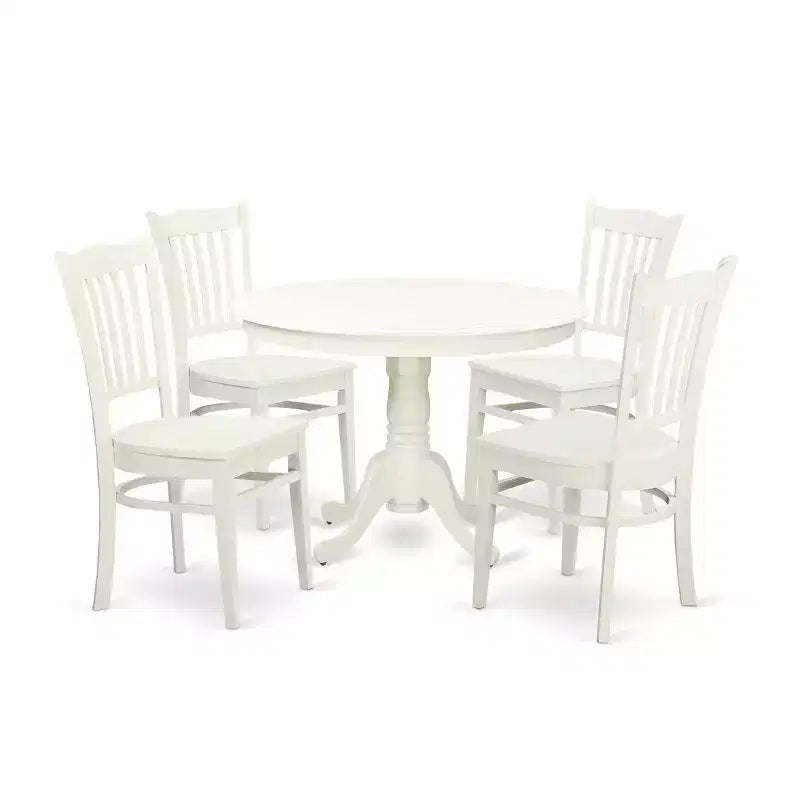 HomeStock Belmont, ensemble de meubles de salle à manger 5 pièces, comprenant une table à manger ronde avec pied central et 4 chaises à assise en bois, 42x42 pouces, Blanc lin