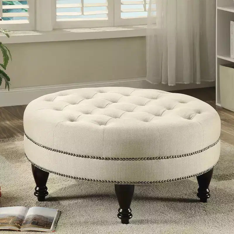 Coaster, pouf rond capitonné Elchin, couleur avoine