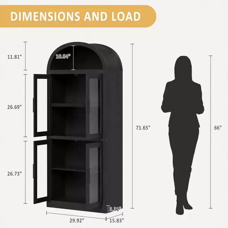 Étagère de ferme cintrée de 72 po - Armoire de présentation haute en bois à 5 niveaux, armoire de rangement avec portes en verre/bois