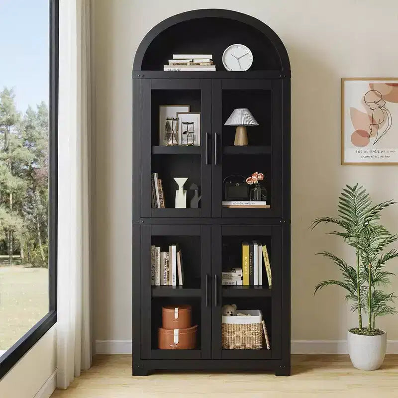 Étagère de ferme cintrée de 72 po - Armoire de présentation haute en bois à 5 niveaux, armoire de rangement avec portes en verre/bois