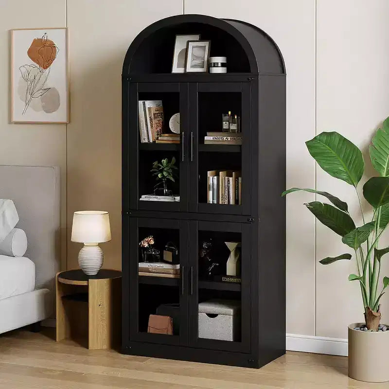 Étagère de ferme cintrée de 72 po - Armoire de présentation haute en bois à 5 niveaux, armoire de rangement avec portes en verre/bois