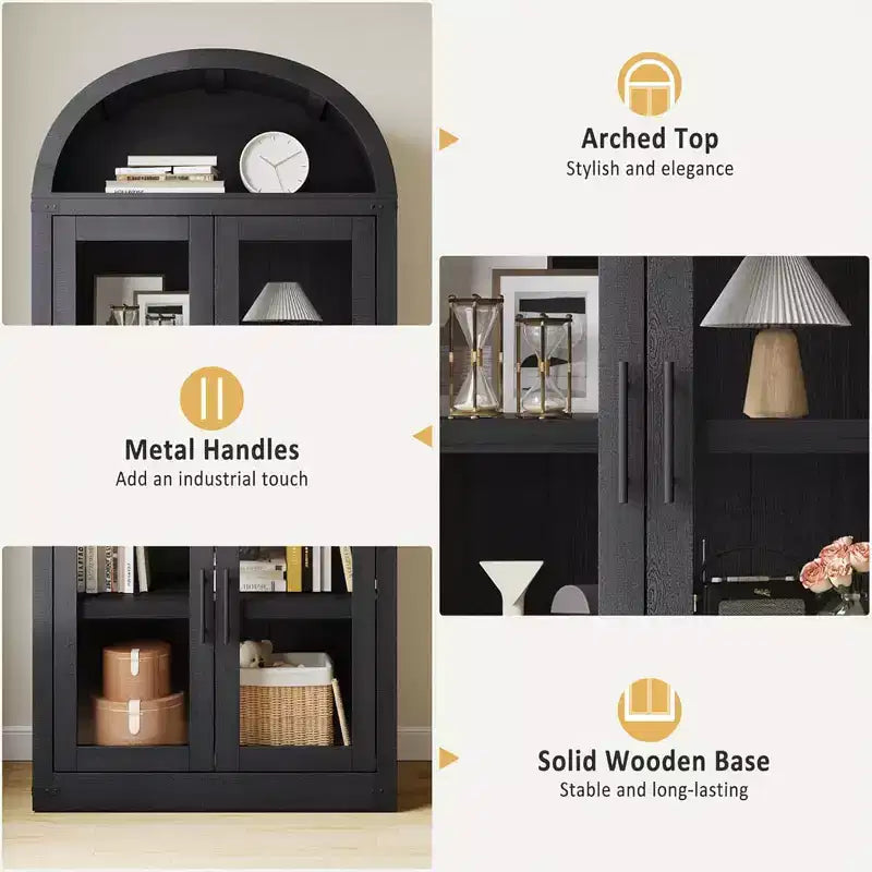 Étagère de ferme cintrée de 72 po - Armoire de présentation haute en bois à 5 niveaux, armoire de rangement avec portes en verre/bois