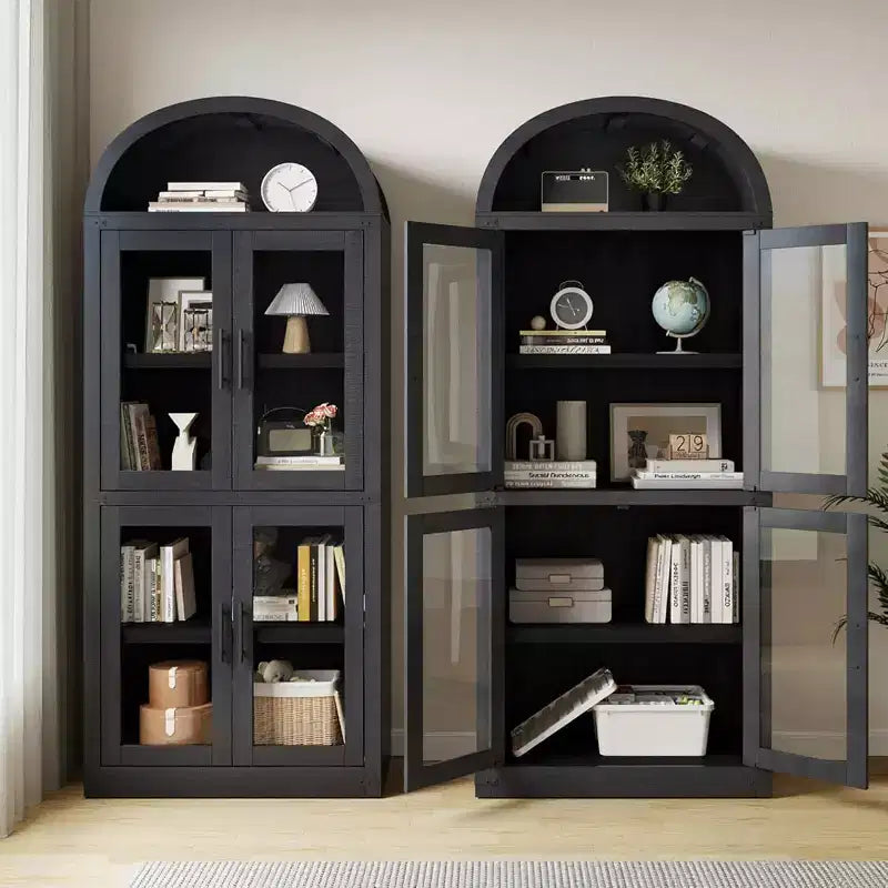 Étagère de ferme cintrée de 72 po - Armoire de présentation haute en bois à 5 niveaux, armoire de rangement avec portes en verre/bois
