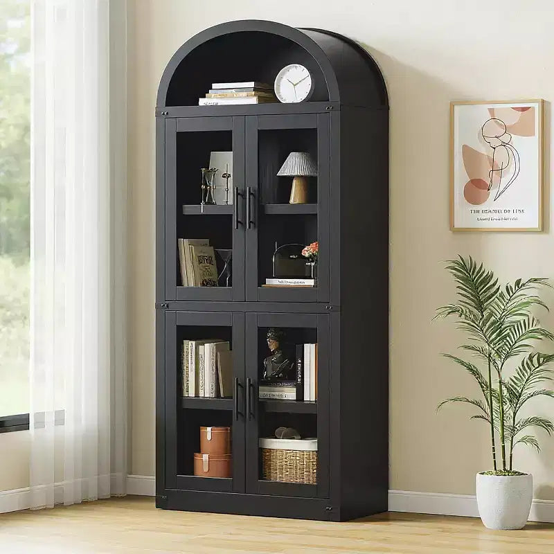 Étagère de ferme cintrée de 72 po - Armoire de présentation haute en bois à 5 niveaux, armoire de rangement avec portes en verre/bois