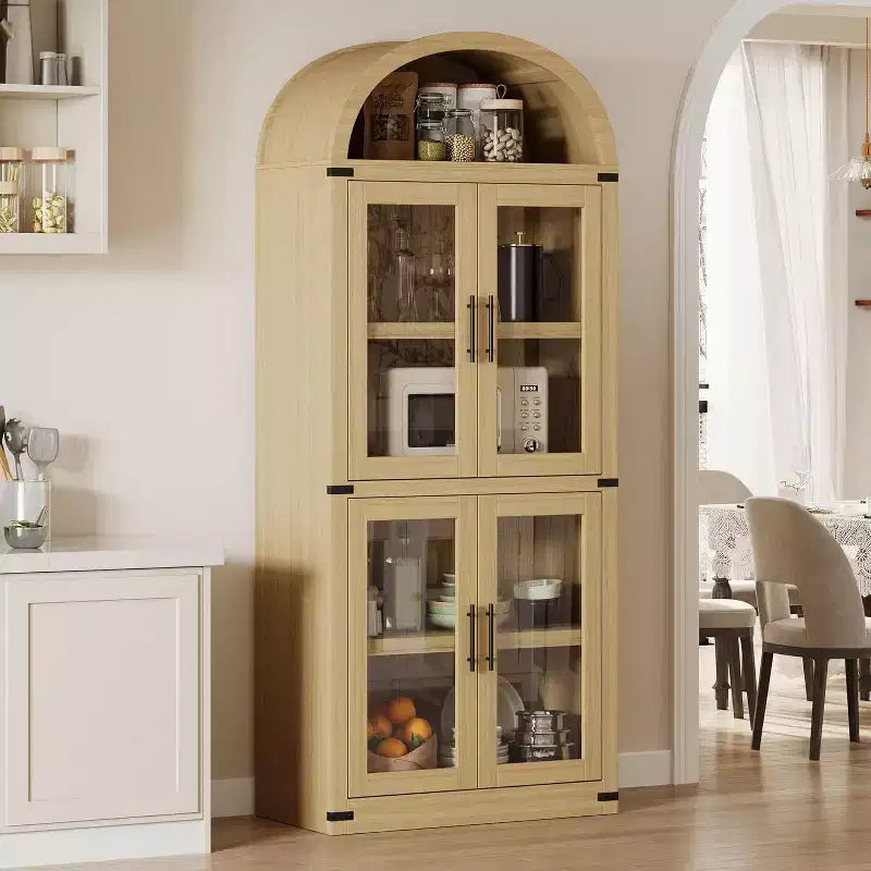 Étagère de ferme cintrée de 72 po - Armoire de présentation haute en bois à 5 niveaux, armoire de rangement avec portes en verre/bois