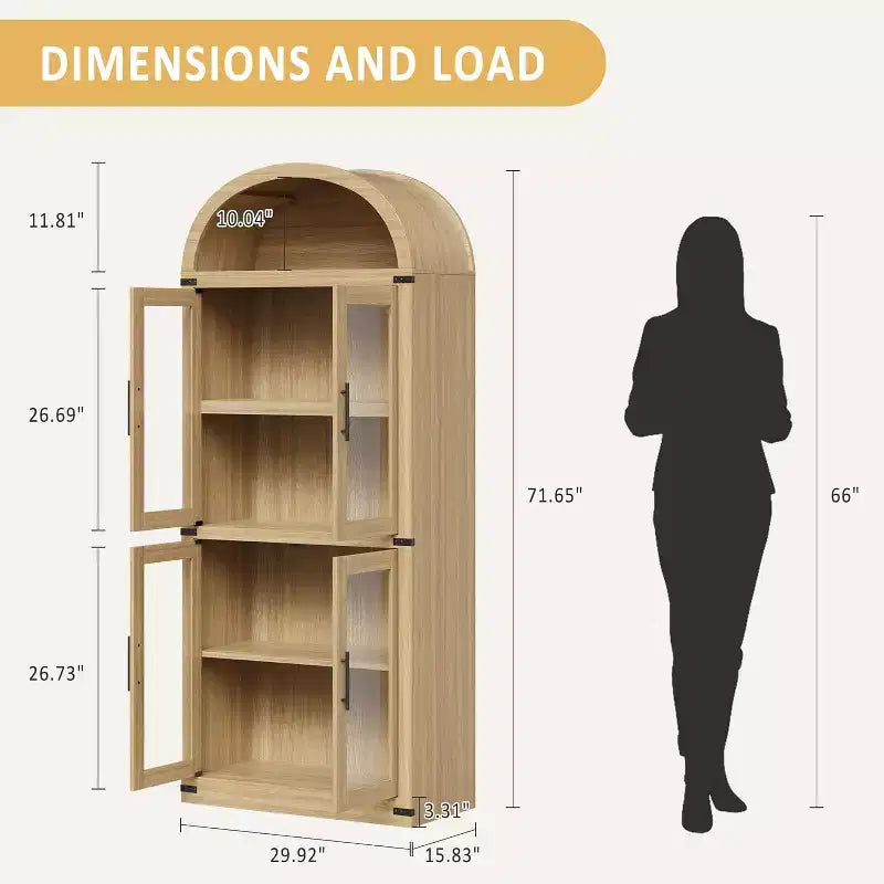 Étagère de ferme cintrée de 72 po - Armoire de présentation haute en bois à 5 niveaux, armoire de rangement avec portes en verre/bois
