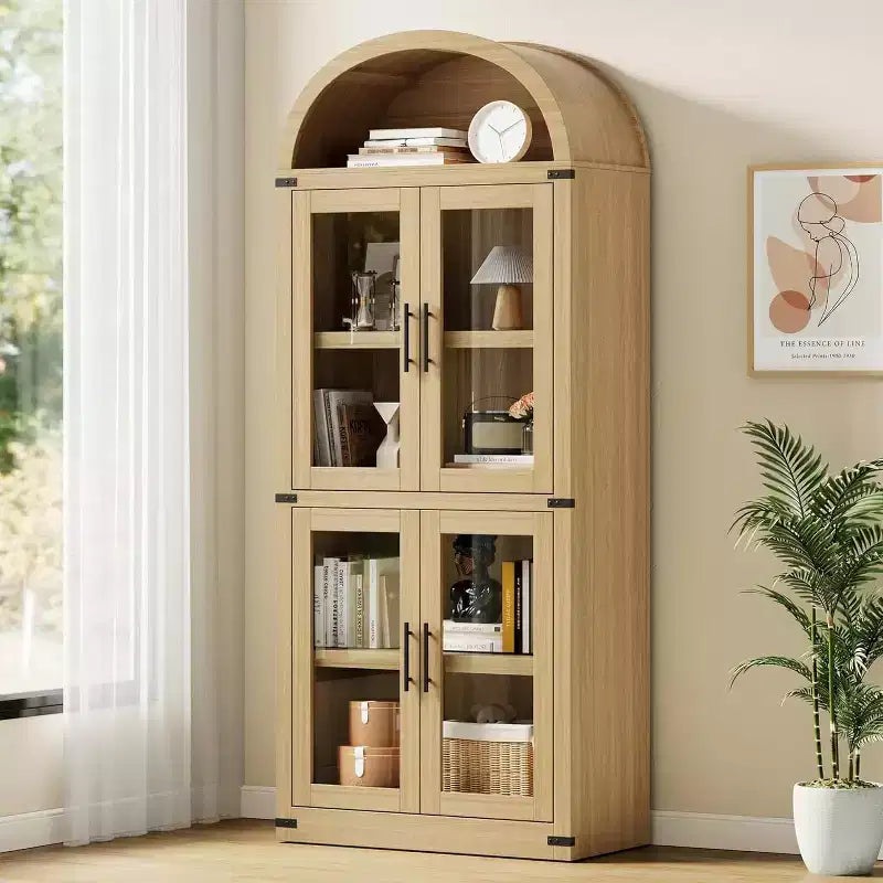 Étagère de ferme cintrée de 72 po - Armoire de présentation haute en bois à 5 niveaux, armoire de rangement avec portes en verre/bois
