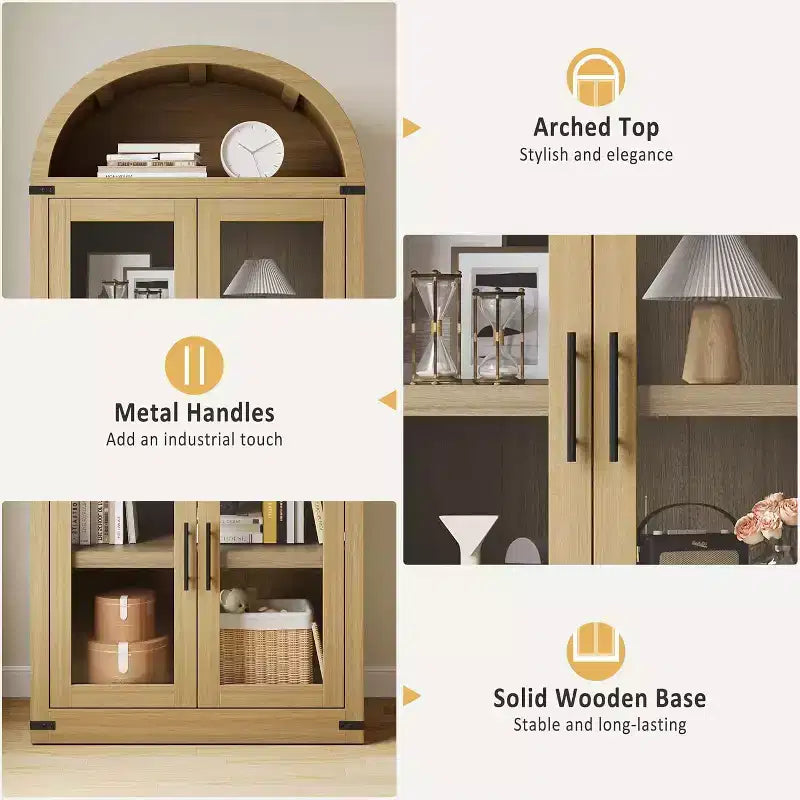 Étagère de ferme cintrée de 72 po - Armoire de présentation haute en bois à 5 niveaux, armoire de rangement avec portes en verre/bois
