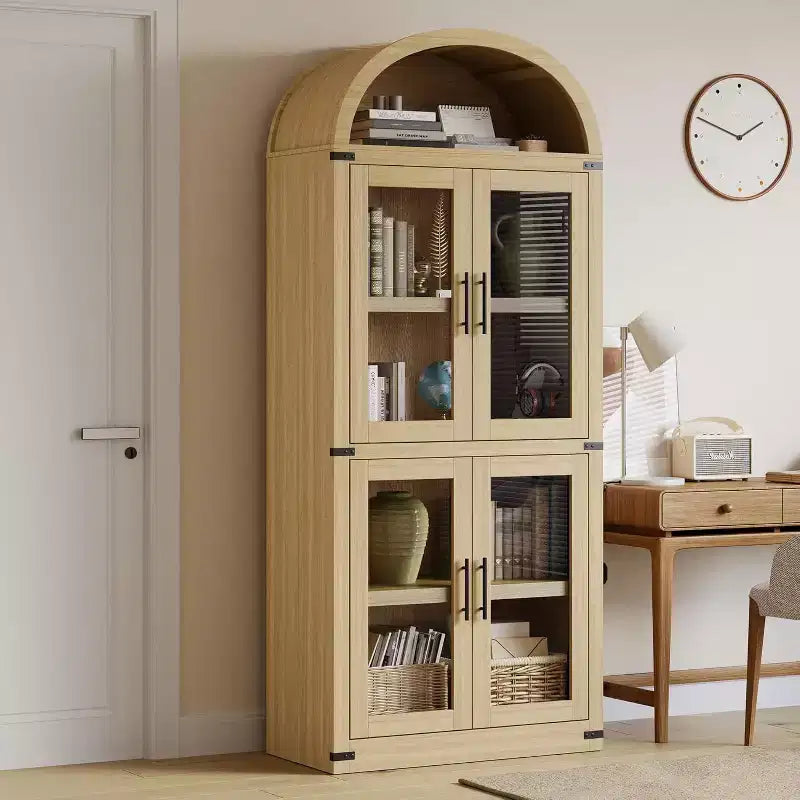 Étagère de ferme cintrée de 72 po - Armoire de présentation haute en bois à 5 niveaux, armoire de rangement avec portes en verre/bois