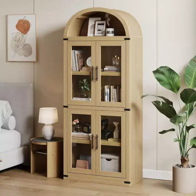 Étagère de ferme cintrée de 72 po - Armoire de présentation haute en bois à 5 niveaux, armoire de rangement avec portes en verre/bois