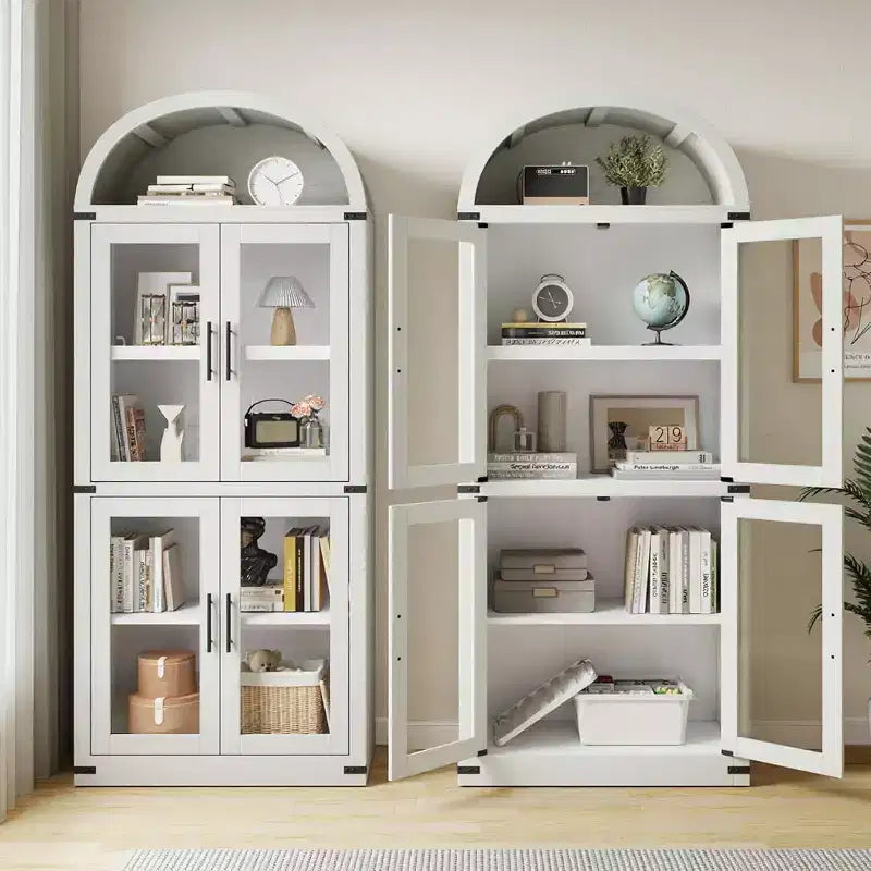 Étagère de ferme cintrée de 72 po - Armoire de présentation haute en bois à 5 niveaux, armoire de rangement avec portes en verre/bois