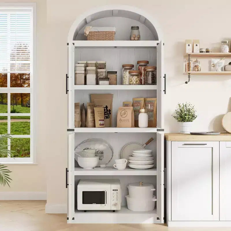 Étagère de ferme cintrée de 72 po - Armoire de présentation haute en bois à 5 niveaux, armoire de rangement avec portes en verre/bois