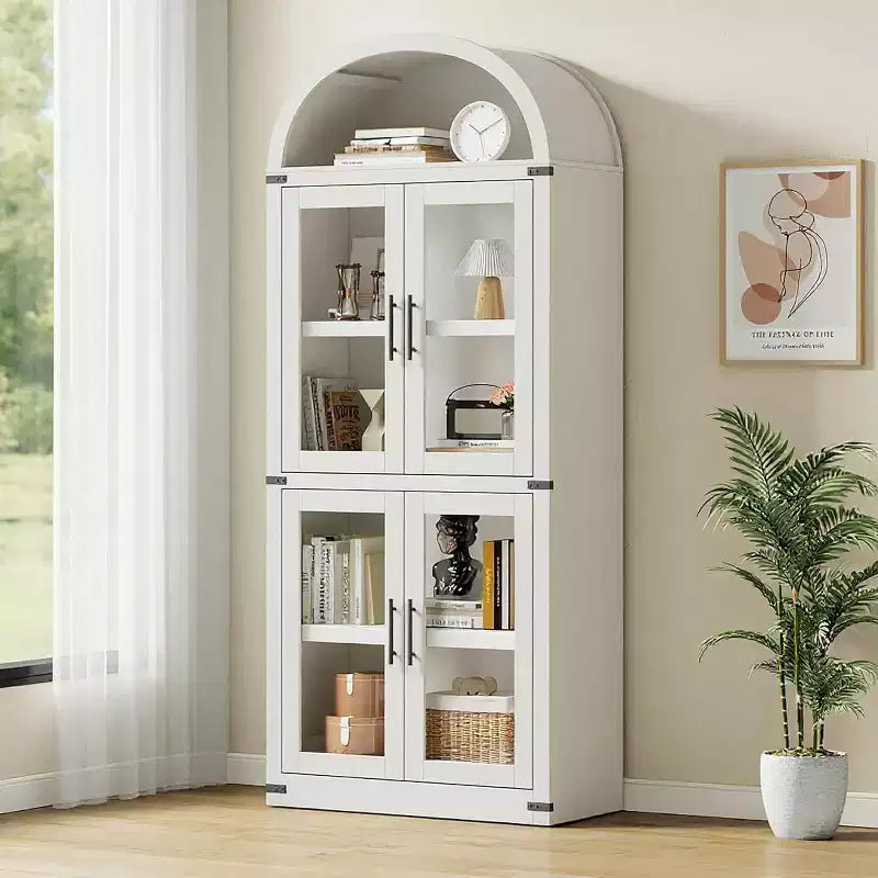Étagère de ferme cintrée de 72 po - Armoire de présentation haute en bois à 5 niveaux, armoire de rangement avec portes en verre/bois