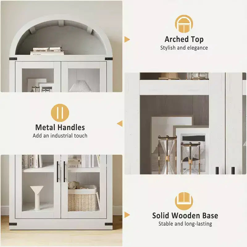 Étagère de ferme cintrée de 72 po - Armoire de présentation haute en bois à 5 niveaux, armoire de rangement avec portes en verre/bois