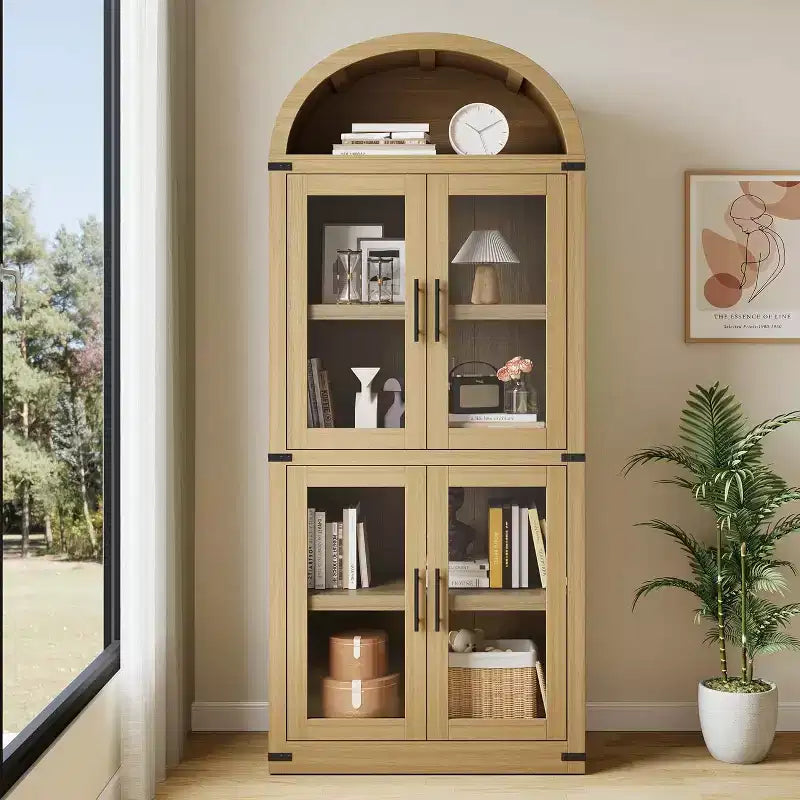 Étagère de ferme cintrée de 72 po - Armoire de présentation haute en bois à 5 niveaux, armoire de rangement avec portes en verre/bois