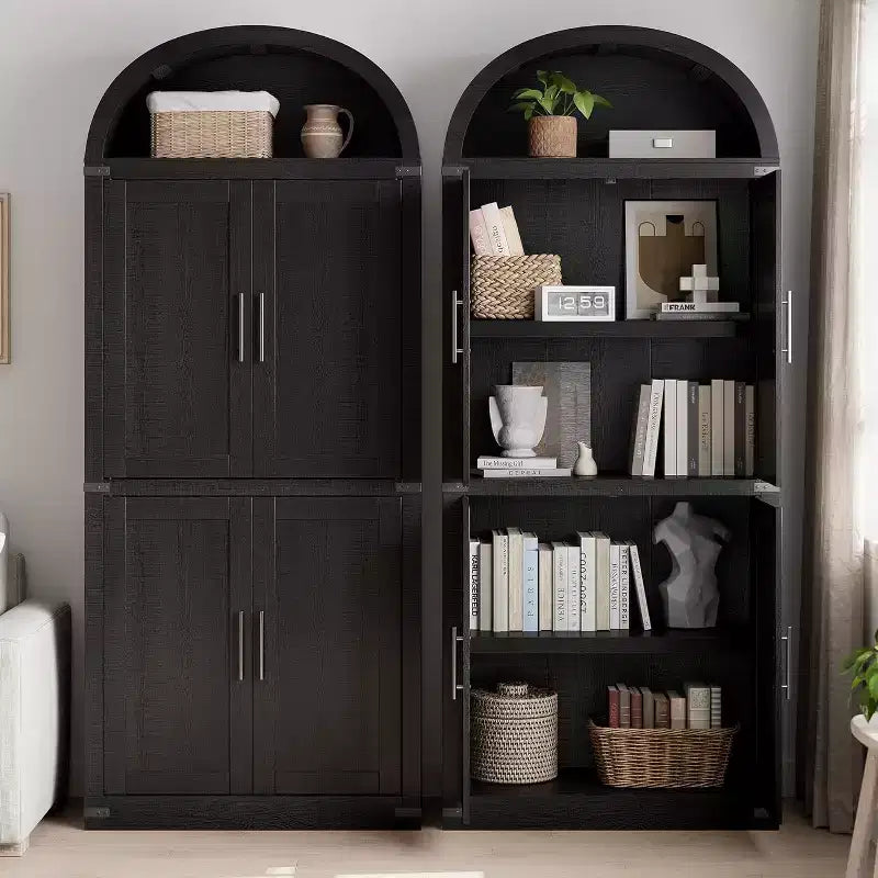 Étagère de ferme cintrée de 72 po - Armoire de présentation haute en bois à 5 niveaux, armoire de rangement avec portes en verre/bois