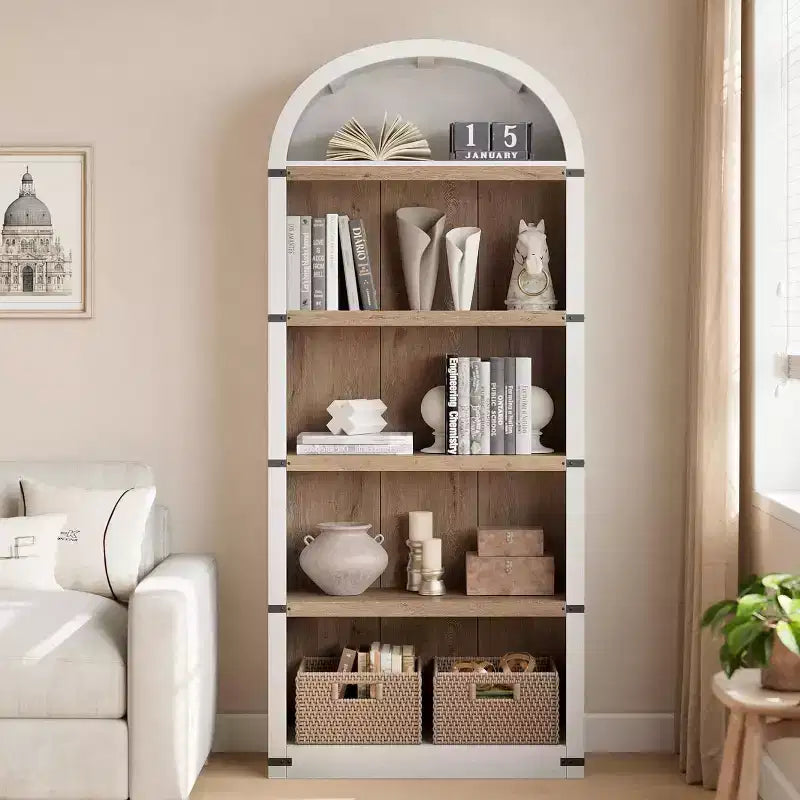 Bibliothèque cintrée style ferme de 72 po avec armoire et étagères – Rangement à 5 compartiments pour salon, bureau