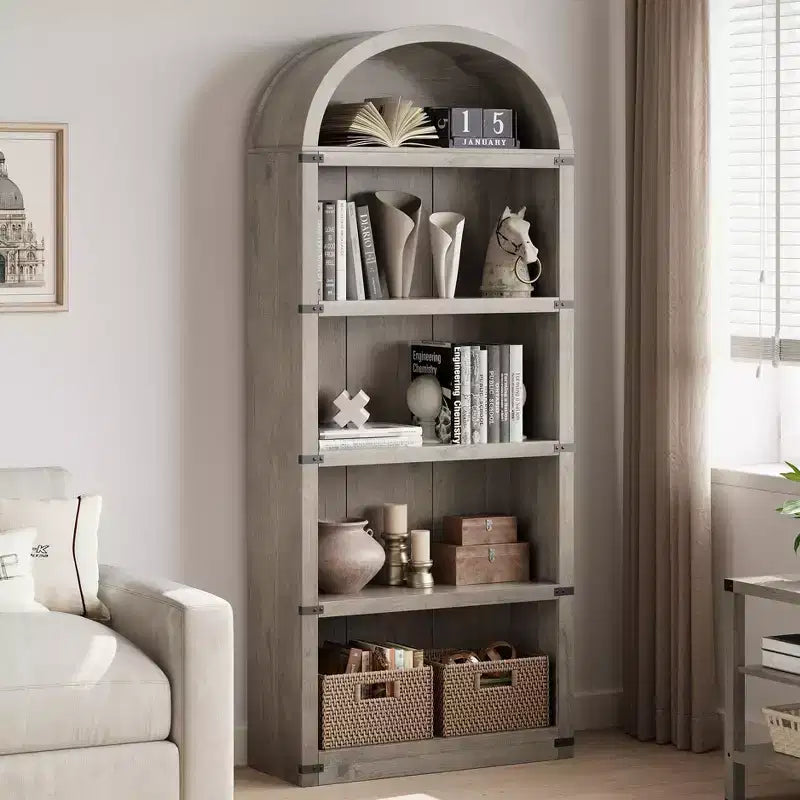 Bibliothèque cintrée style ferme de 72 po avec armoire et étagères – Rangement à 5 compartiments pour salon, bureau