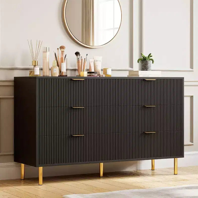 Commode moderne à 6 tiroirs - Poignées dorées et grand espace de rangement pour chambre à coucher et salon