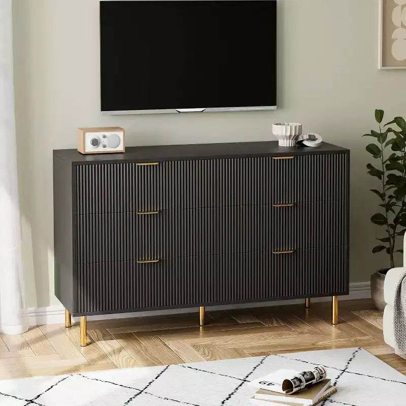 Commode moderne à 6 tiroirs - Poignées dorées et grand espace de rangement pour chambre à coucher et salon
