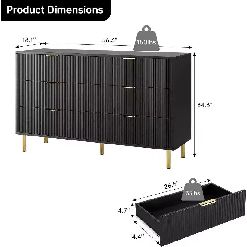 Commode moderne à 6 tiroirs - Poignées dorées et grand espace de rangement pour chambre à coucher et salon