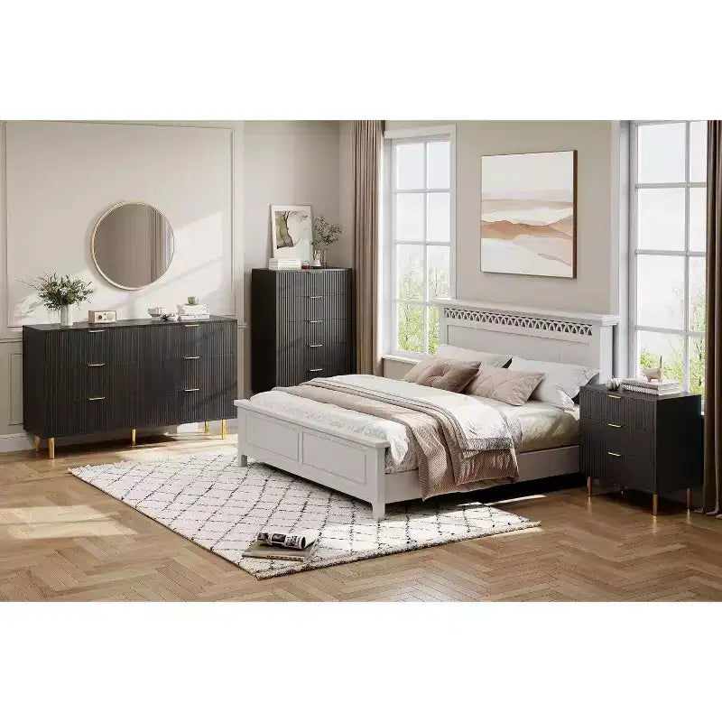 Commode moderne à 6 tiroirs - Poignées dorées et grand espace de rangement pour chambre à coucher et salon