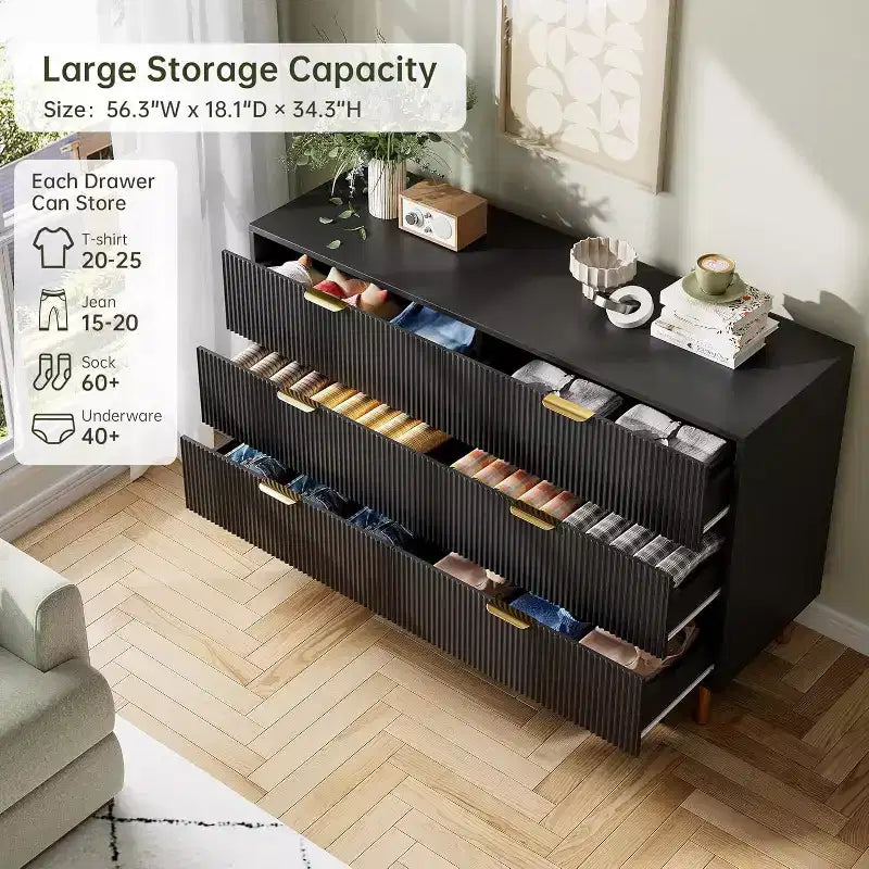 Commode moderne à 6 tiroirs - Poignées dorées et grand espace de rangement pour chambre à coucher et salon