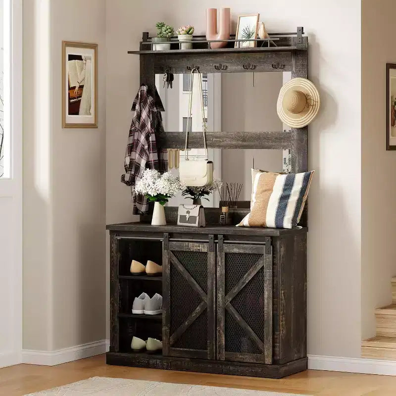 Porte-manteau avec casiers à chaussures et 7 patères, et 3 tiroirs pour couloir, banc de vestiaire avec rangement à chaussures, meuble d'entrée, chêne foncé