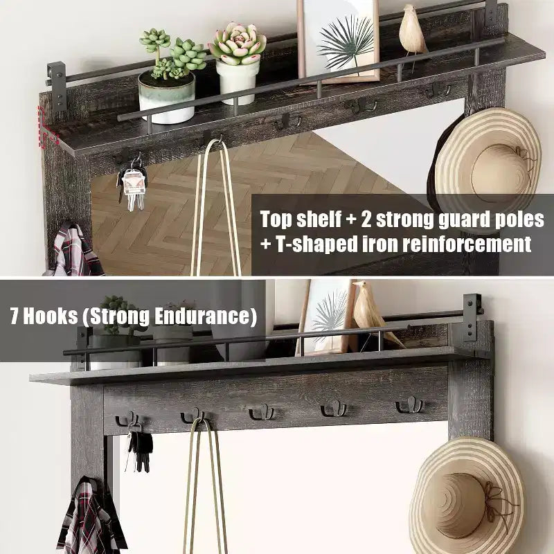 Porte-manteau avec casiers à chaussures et 7 patères, et 3 tiroirs pour couloir, banc de vestiaire avec rangement à chaussures, meuble d'entrée, chêne foncé